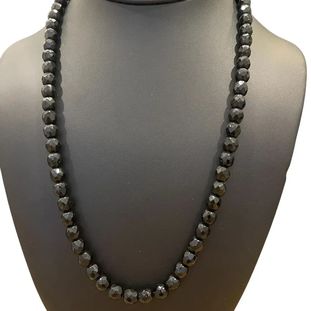 Vintage Glass Necklace Faceted Black Beads 7.5mm Unique Detailed Box Clasp 22”